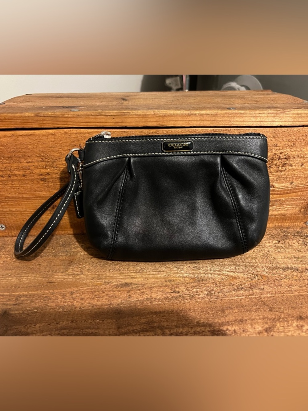 Coach Black Leather Pleated Wristlet with Silver-Tone Logo